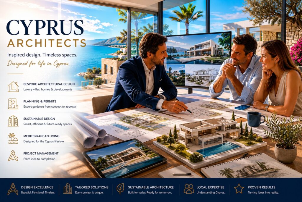 Cyprus architects discussing luxury villa designs and architectural plans in Cyprus overlooking the Mediterranean coastline. Professional architects in Cyprus present bespoke villa and residential development designs to property buyers. Cyprus architects reviewing architectural blueprints, planning drawings and luxury property development concepts in Cyprus. Architectural design services in Cyprus, featuring luxury home design, property planning and Mediterranean architecture.