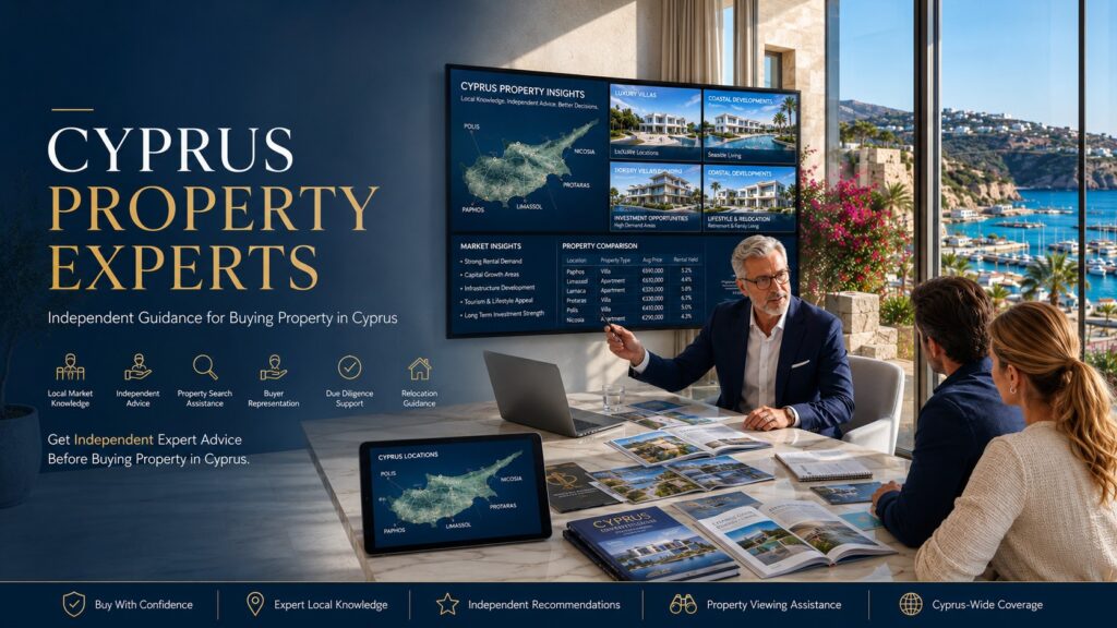Experienced Cyprus property experts advising international buyers in a luxury Mediterranean office overlooking the coastline, presenting Cyprus property opportunities, market insights, relocation guidance and independent property-buying advice across Paphos, Limassol, Larnaca, Nicosia, Polis and Protaras.