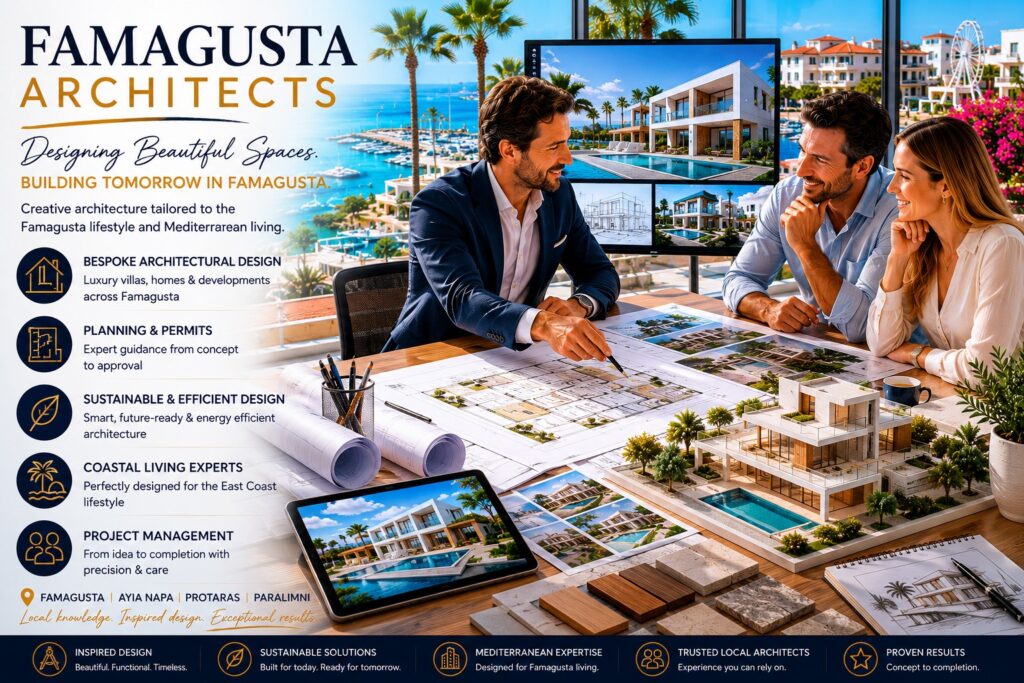 Famagusta architects discussing luxury villa designs and architectural plans in Cyprus overlooking the Mediterranean coastline. Professional architects in Famagusta, Cyprus, present bespoke villa and residential development designs to property buyers. Famagusta architects reviewing architectural blueprints, planning drawings and luxury property development concepts in Cyprus. Architectural design services in Famagusta, Cyprus, featuring luxury home design, property planning and Mediterranean architecture.