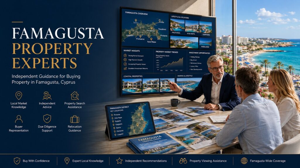 Independent Famagusta property experts advising international buyers in a modern coastal office, reviewing luxury villas, investment opportunities and relocation options across Protaras, Ayia Napa, Paralimni, Kapparis and the wider Famagusta district.
