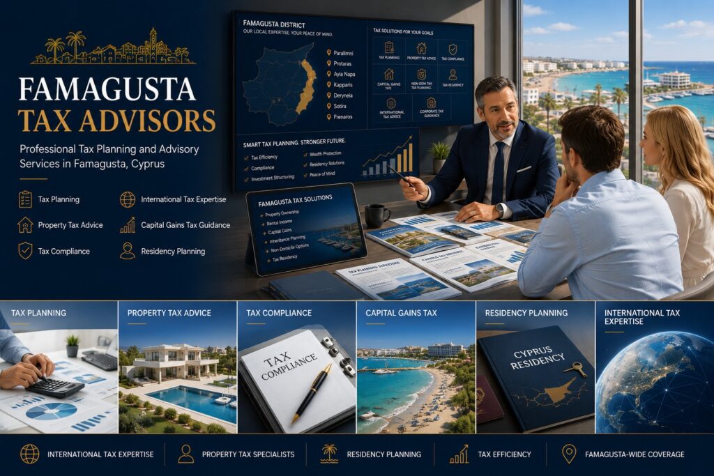 Famagusta tax advisors helping property buyers, retirees and investors with tax planning, tax residency, property tax advice, capital gains tax guidance and international tax solutions in Paralimni, Protaras and Ayia Napa.