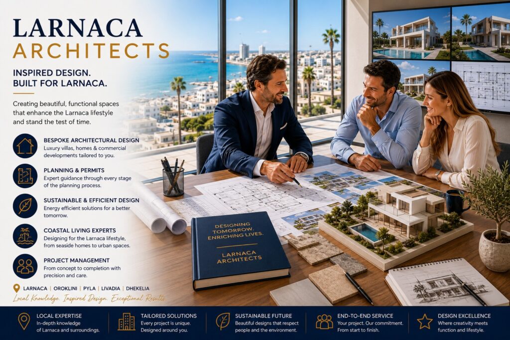 Larnaca architects discussing luxury villa designs and architectural plans in Cyprus overlooking the Mediterranean coastline. Professional architects in Larnaca, Cyprus, present bespoke villa and residential development designs to property buyers. Larnaca architects reviewing architectural blueprints, planning drawings and luxury property development concepts in Cyprus. Architectural design services in Larnaca, Cyprus, featuring luxury home design, property planning and Mediterranean architecture.