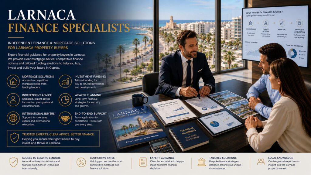 Larnaca finance adviser discussing mortgage options, property investment strategies and financial planning with overseas property buyers.