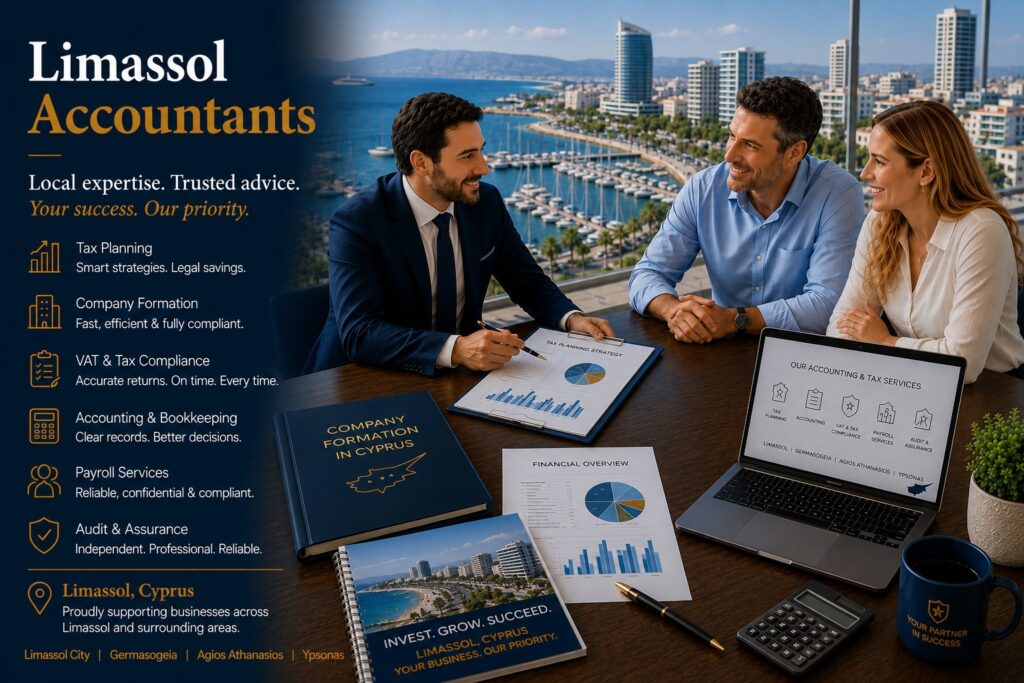 Find professional accountants in Limassol specialising in tax optimisation, company formation, VAT compliance, bookkeeping, payroll and corporate advisory services.
