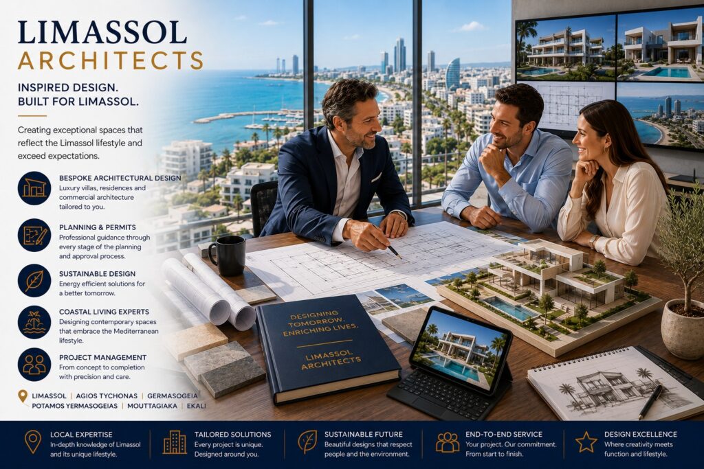Limassol architects discussing luxury villa designs and architectural plans in Cyprus overlooking the Mediterranean coastline. Professional architects in Limassol, Cyprus, present bespoke villa and residential development designs to property buyers. Limassol architects reviewing architectural blueprints, planning drawings and luxury property development concepts in Cyprus. Architectural design services in Limassol, Cyprus, featuring luxury home design, property planning and Mediterranean architecture.