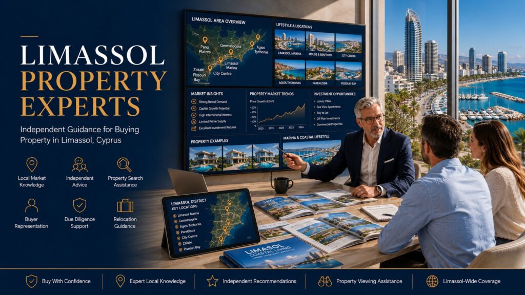 Experienced Limassol property experts advising international property buyers in a luxury marina-view office, showcasing premium developments, investment opportunities, relocation guidance and independent property search assistance throughout Limassol.