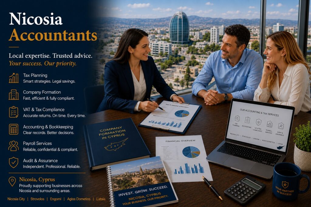 Compare experienced accountants in Nicosia providing tax planning, company incorporation, VAT services, bookkeeping, payroll management and financial reporting solutions.