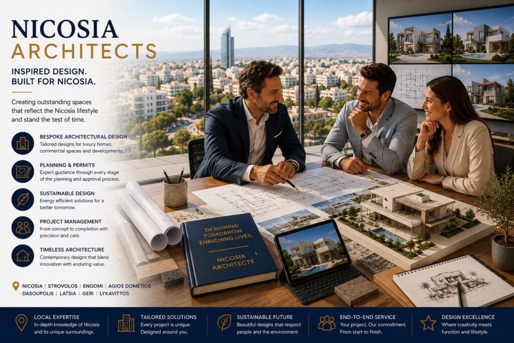 Nicosia architects discussing luxury villa designs and architectural plans in Cyprus overlooking the Mediterranean coastline. Professional architects in Nicosia, Cyprus, present bespoke villa and residential development designs to property buyers. Nicosia architects reviewing architectural blueprints, planning drawings and luxury property development concepts in Cyprus. Architectural design services in Nicosia, Cyprus, featuring luxury home design, property planning and Mediterranean architecture.