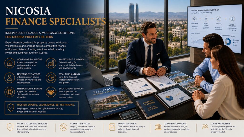 Nicosia finance consultant reviewing property finance solutions, investment planning and mortgage options for Cyprus real estate buyers.