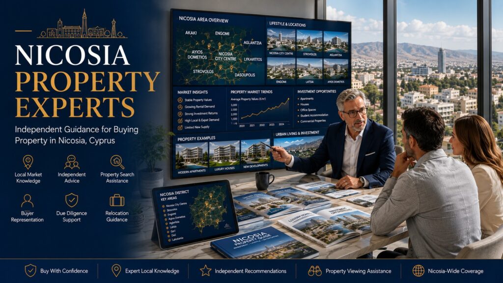 Independent Nicosia property experts helping overseas buyers evaluate residential and investment properties across Cyprus's capital city, with market analysis, relocation support, buyer representation and due diligence guidance.