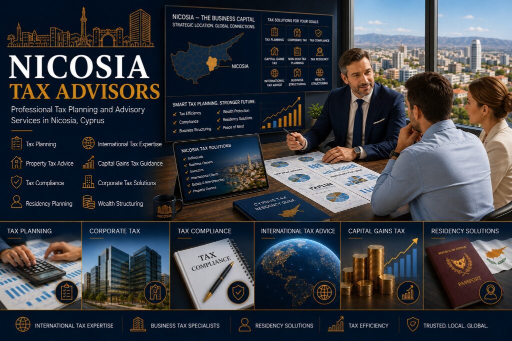 Professional Nicosia tax advisors consulting international investors and business owners on corporate tax planning, tax residency, international taxation, compliance, wealth structuring and business tax solutions in Cyprus's financial capital.