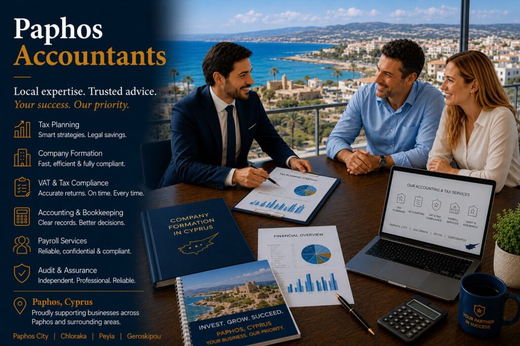 Find trusted accountants in Paphos offering tax advice, bookkeeping, VAT returns, payroll services, company formation and business support for local and overseas clients.