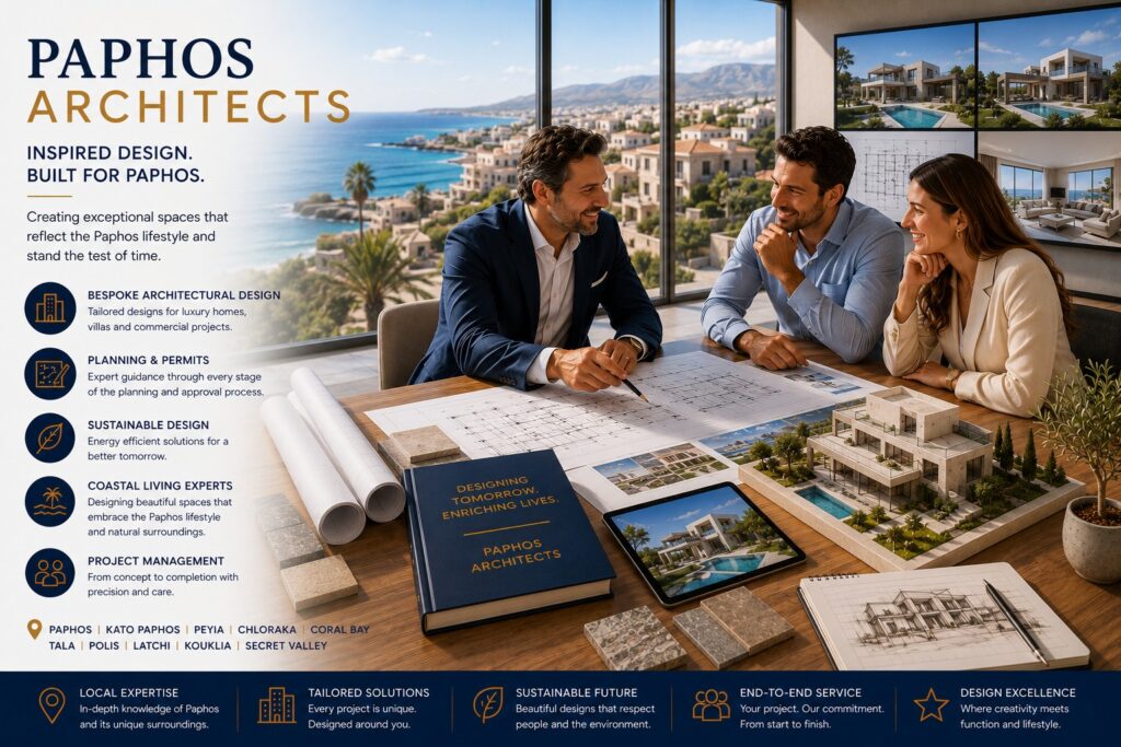 Paphos architects discussing luxury villa designs and architectural plans in Cyprus overlooking the Mediterranean coastline. Professional architects in Paphos, Cyprus, present bespoke villa and residential development designs to property buyers. Paphos architects reviewing architectural blueprints, planning drawings and luxury property development concepts in Cyprus. Architectural design services in Paphos, Cyprus, featuring luxury home design, property planning and Mediterranean architecture.