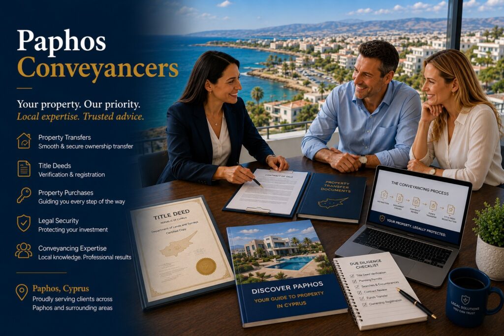 Paphos conveyancers directory list. Conveyancing in Paphos is the legal process of transferring ownership of immovable property from a seller to a buyer.