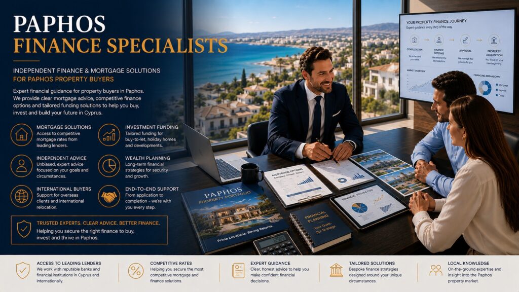 Paphos finance specialist advising overseas property buyers on mortgages, investment funding and financial planning.