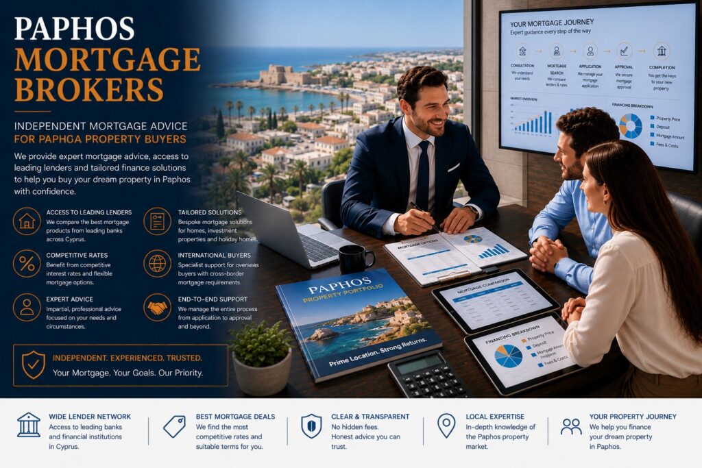 Independent Paphos mortgage brokers assisting overseas buyers with mortgage finance, lender selection and property purchase funding in Cyprus.