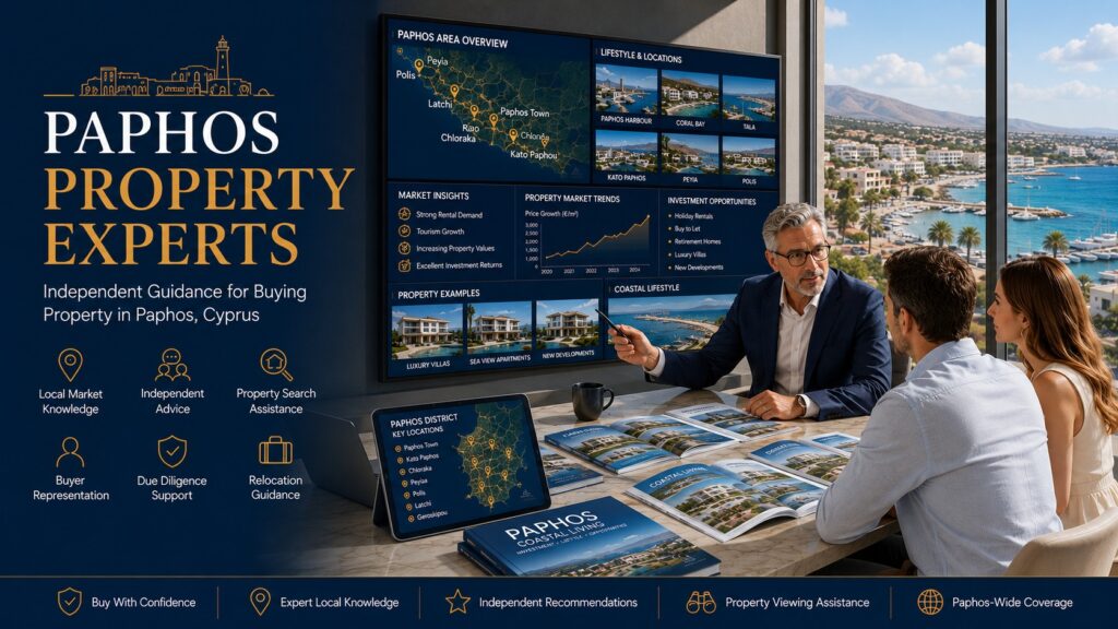 Trusted Paphos property experts advising international buyers in a luxury coastal office overlooking the Mediterranean, presenting villas, retirement properties, relocation opportunities and investment properties throughout the Paphos district.