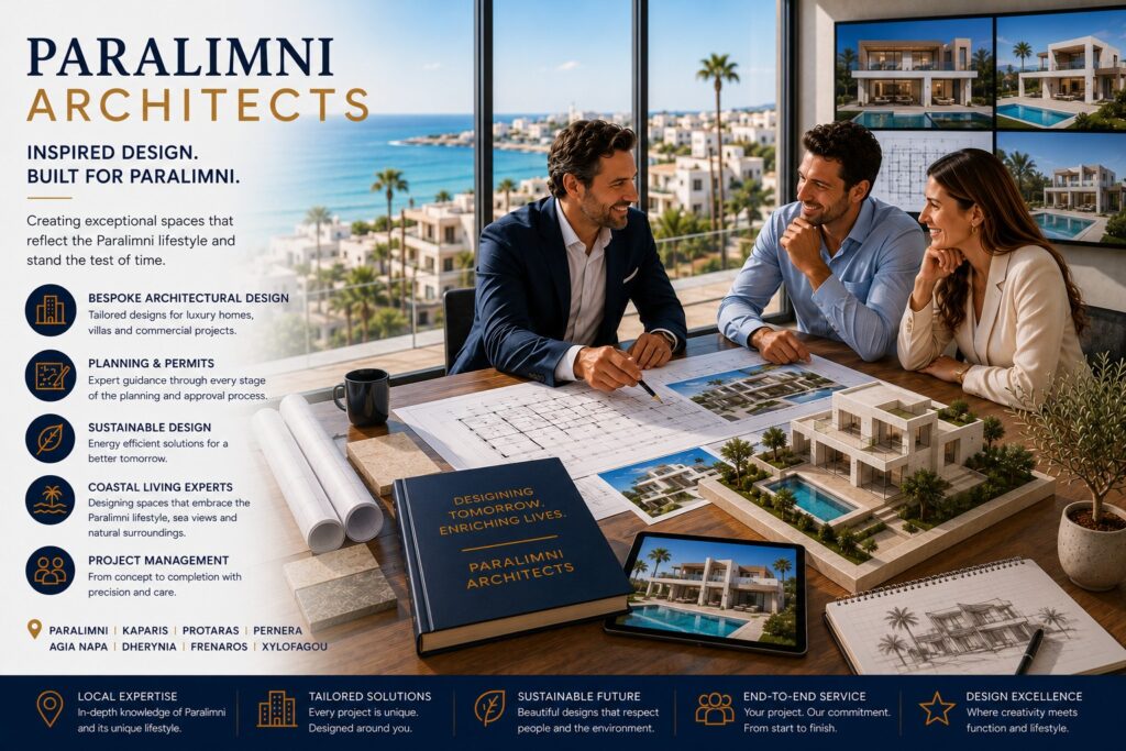 Paralimni architects discussing luxury villa designs and architectural plans in Cyprus overlooking the Mediterranean coastline. Professional architects in Paralimni, Cyprus, present bespoke villa and residential development designs to property buyers. Paphos architects reviewing architectural blueprints, planning drawings and luxury property development concepts in Cyprus. Architectural design services in Paralimni, Cyprus, featuring luxury home design, property planning and Mediterranean architecture.