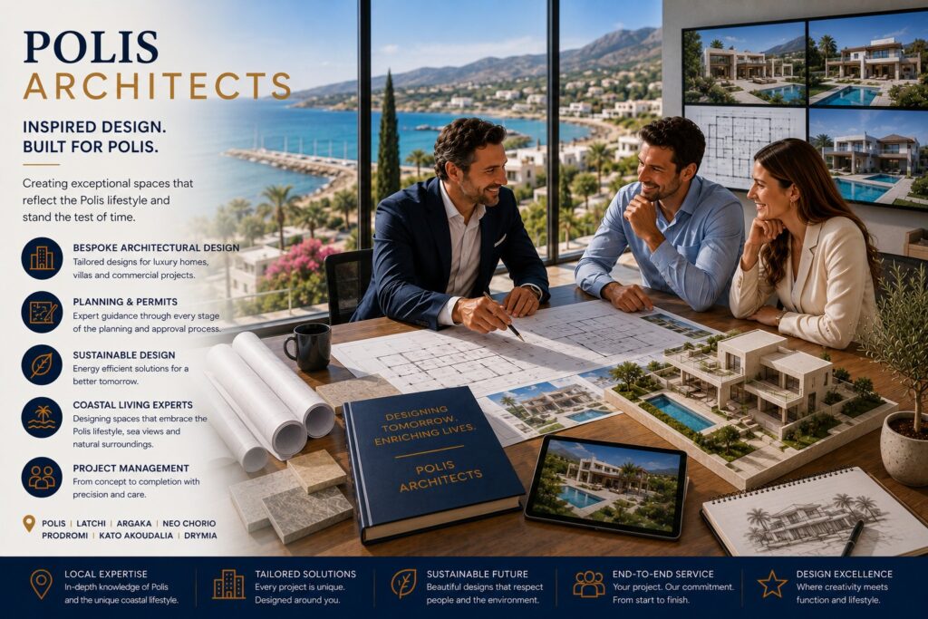 Polis Chrysochous architects discussing luxury villa designs and architectural plans in Polis overlooking the Mediterranean coastline. Professional architects in Polis present bespoke villa and residential development designs to property buyers. Cyprus architects reviewing architectural blueprints, planning drawings and luxury property development concepts in Polis, Cyprus. Architectural design services in Polis Cyprus, featuring luxury home design, property planning and Mediterranean architecture.